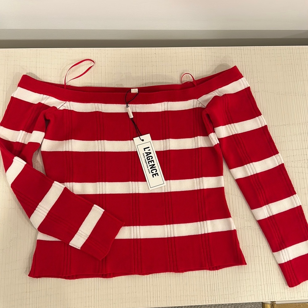 L’AGENCE Off-the shoulder striped top